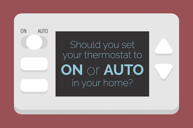 Illustration of a thermostat with a message; "should you set your thermostat to on or auto in your home?